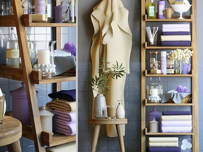 Modern Bathroom Accessories Display With Wooden Shelves Soft Towels Scented Candles And Potted Plant 3d model