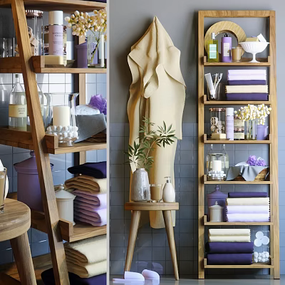 Modern Bathroom Accessories Display With Wooden Shelves Soft Towels Scented Candles And Potted Plant 3d model
