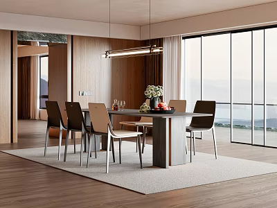 Modern Restaurant Interior With Dining Table Chairs Large Windows Wooden Flooring And Scenic View 3d model