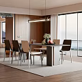 Modern Restaurant Interior With Dining Table Chairs Large Windows Wooden Flooring And Scenic View