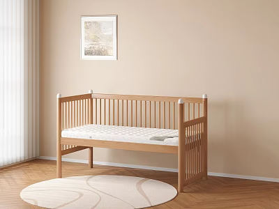 Natural Solid Wood Baby Crib With Comfortable Mattress For Warm Cozy Minimalist Nursery Room 3d model