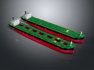 Two Cargo Ship Models With Green Decks And Red Hulls On Gray Background 3d model
