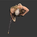 Military Style Armed Man In Tactical Vest Camouflage Pants Holding Rifle With White Headscarf Standing Pose