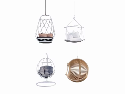 Various Modern Hanging Chairs with Woven Rattan Metal Frames and Soft Pillows 3d model
