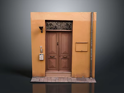 Classic Entrance Door With Brown Double Doors Orange Wall Wrought Iron Grille And Brick Steps 3d model