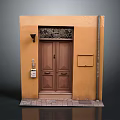 Classic Entrance Door With Brown Double Doors Orange Wall Wrought Iron Grille And Brick Steps