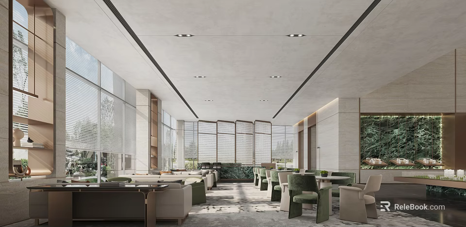 Modern Lounge Area Interior Design With Large Windows Natural Light And Green Plants 3d model 