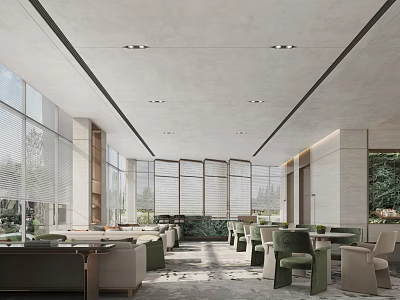 Modern Lounge Area Interior Design With Large Windows Natural Light And Green Plants 3d model