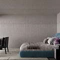 Stylish Blue Upholstered Double Bed In Minimalist Raw Concrete Bedroom With Practical Work Desk