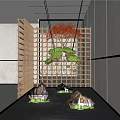 Bamboo Lattice Garden Ornament With Orange Yellow Leaf Tree Green Bonsai Water Basin And Stones