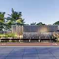 Elegant Wooden Feature Wall With Water Fountains And Palm Trees In Landscaped Area