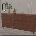 Wooden Entryway Cabinet Sideboard with Drawers Featuring Green Plant Candlesticks Sculpture and Hanging Lamp