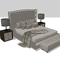 Light Gray Tufted Headboard Double Bed With Pillows Wooden Nightstands Table Lamps And Footstool