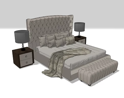 Light Gray Tufted Headboard Double Bed With Pillows Wooden Nightstands Table Lamps And Footstool 3d model