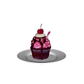Delicious Cupcake With Pink Purple Frosting Cherry And Whipped Cream On White Plate