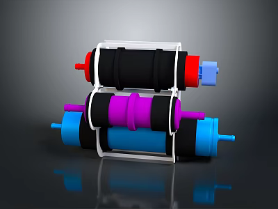 Mechanical Roller Assembly With Black Red Purple Blue Rollers And White Frame 3d model