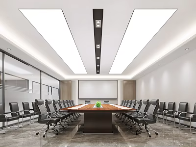 Modern Spacious Conference Room With Long Table Black Chairs And Projection Screen 3d model