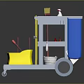 Practical Cleaning Cart With Yellow Bucket Blue Compartment Red Mop Wheels And Cleaning Supplies
