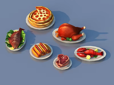 Assorted Delicious Food Platter With Pizza Roasted Chicken Fish Sausages Steak And Lobster 3d model