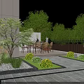 Nighttime Garden Landscape At Building Entrance With Arched Glass Door Wall Lamps And Greenery