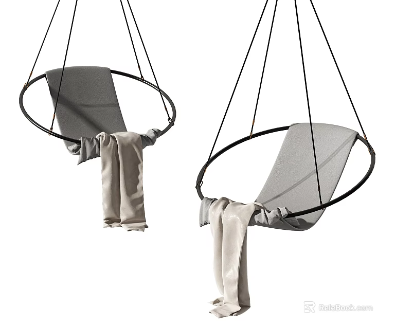 Modern Circular Hanging Chair with Black Frame Gray Cushion and Beige Blanket 3d model 