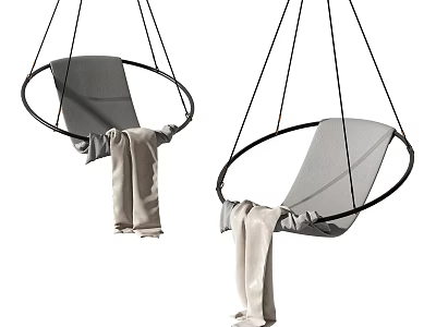 Modern Circular Hanging Chair with Black Frame Gray Cushion and Beige Blanket 3d model
