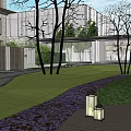 Modern Architecture Residential Area Courtyard Curved Waterscape Curved View Wall Tree Pool Gate Entrance 3d model