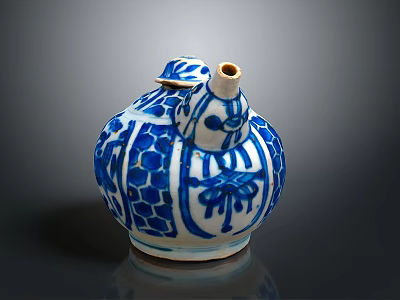 Blue And White Gourd Shaped Ceramic Sculpture With Floral Patterns And Decorative Carvings 3d model