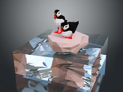 Low Poly Style Two Puffins Standing On Ice Block With Small Fish Below 3d model