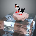 Low Poly Style Two Puffins Standing On Ice Block With Small Fish Below 3d model
