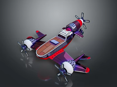 Shiny Stylized 3D Seaplane Model With Multiple Propellers Purple Red White Colors 3d model