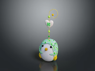 Cute Kids Penguin Toy With Green White Clover Patterns And Hanging Yellow Ball Heart 3d model