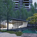 Residential Landscape View From Indoor Large Glass Windows With Trees Pond And Stone Arch Bridge