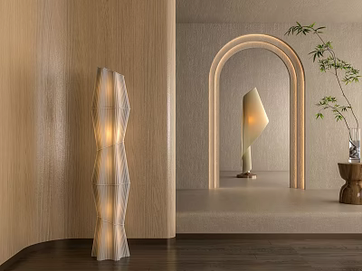 Modern Geometric Floor Lamp In Minimalist Interior With Wooden Wall And Archway 3d model