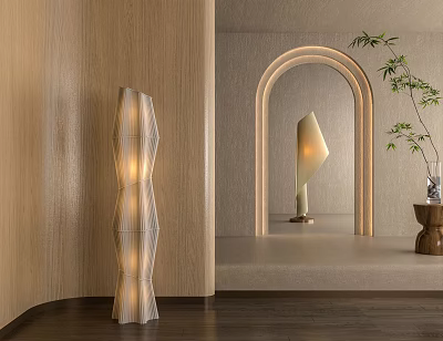 Modern Geometric Floor Lamp In Minimalist Interior With Wooden Wall And Archway 3d model