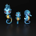 Cute Blue Aquatic Animals Cartoon Seahorses With Yellow Bellies Red Eyes On Black Background