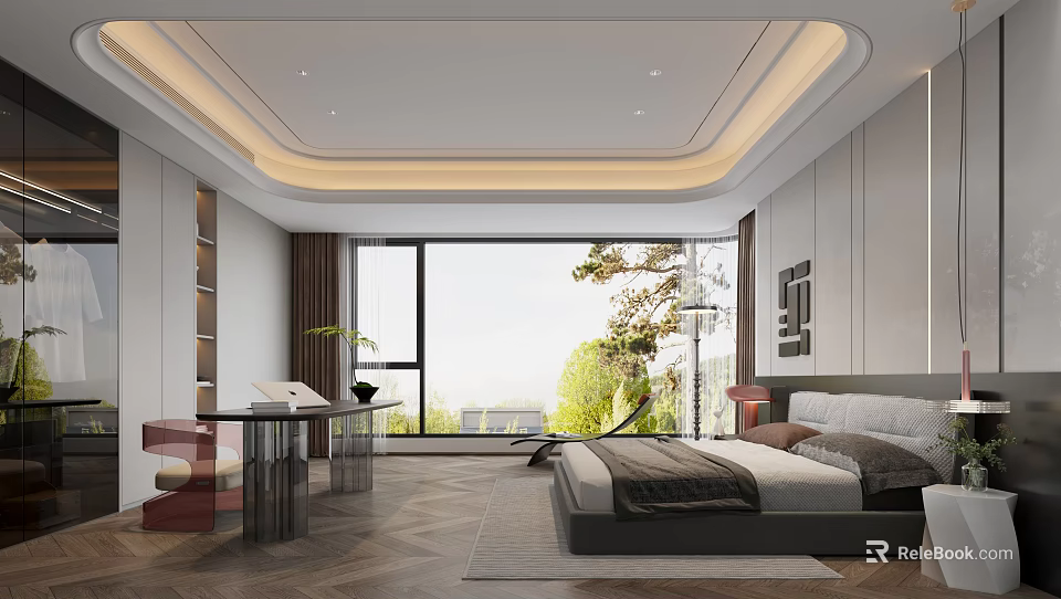 Modern Bedroom Interior Featuring Large Window Wooden Floor Comfortable Bed and Green Plant 3d model 