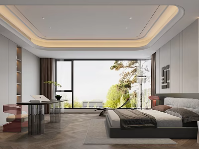 Modern Bedroom Interior Featuring Large Window Wooden Floor Comfortable Bed and Green Plant 3d model
