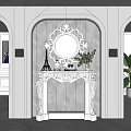 Elegant Console Table With Ornate Round Mirror Carved Frame Striped Wallpaper And Green Plants