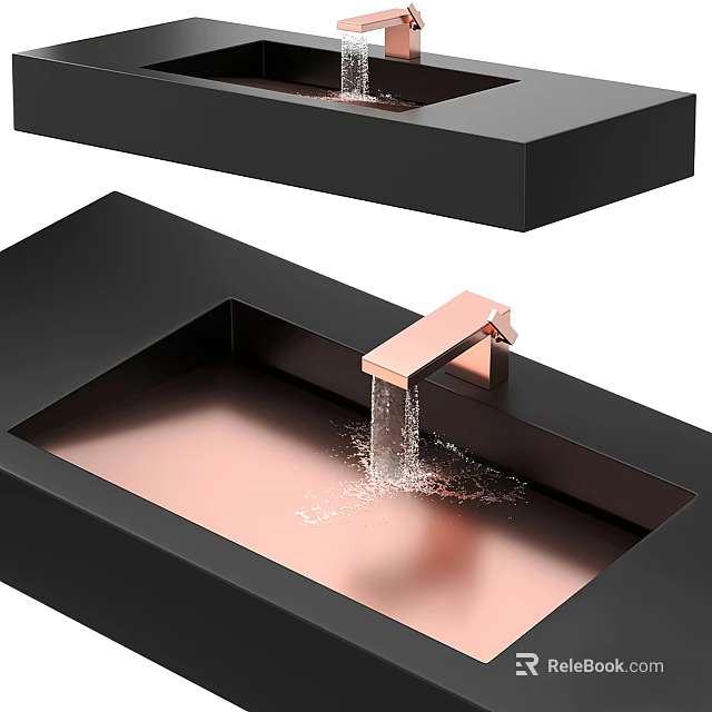 Modern Black Rectangular Washbasin with Rose Gold Faucet and Flowing Water 3d model 