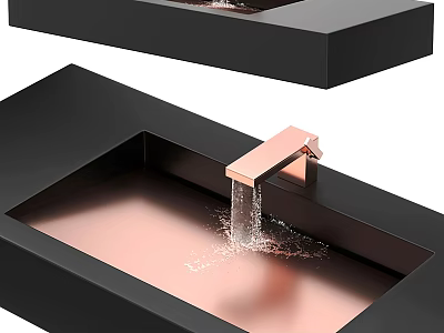 Modern Black Rectangular Washbasin with Rose Gold Faucet and Flowing Water 3d model