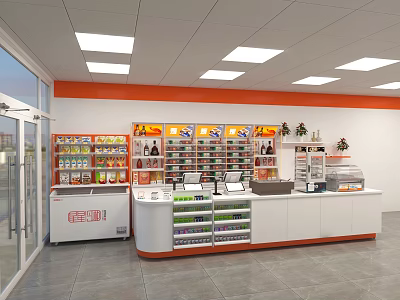Modern Supermarket Department Store Interior With Shelves Grocery Products And Checkout Counter 3d model