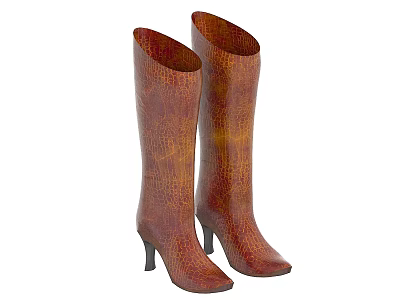Elegant Brown Crocodile Texture Knee High Boots With High Heel Design 3d model