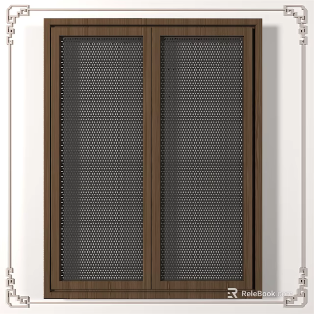 Modern Casement Window With Brown Frame And Perforated Mesh Design For Home Interior 3d model 