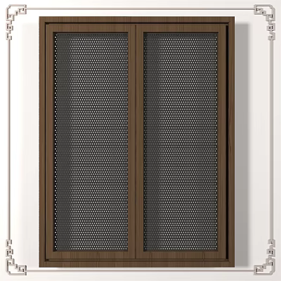 Modern Casement Window With Brown Frame And Perforated Mesh Design For Home Interior 3d model