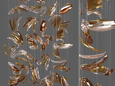 Elegant Modern Crystal Chandelier With Golden Transparent Feather Shaped Elements 3d model
