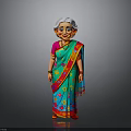 Elderly woman in traditional colorful sari with red and blue patterns and white headscarf