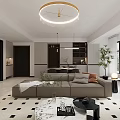 Modern Living and Dining Room Interior With Beige Sofa Dining Table Chandelier And Large Windows