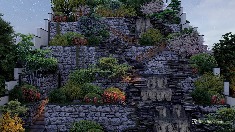 Serene Garden Landscape With Stone Steps Walls Trees Bushes And Waterfall Lighting 3d model 