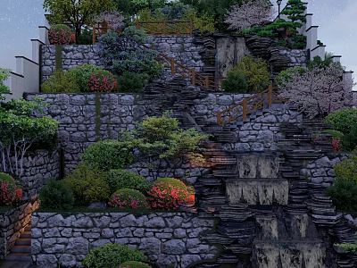 Serene Garden Landscape With Stone Steps Walls Trees Bushes And Waterfall Lighting 3d model